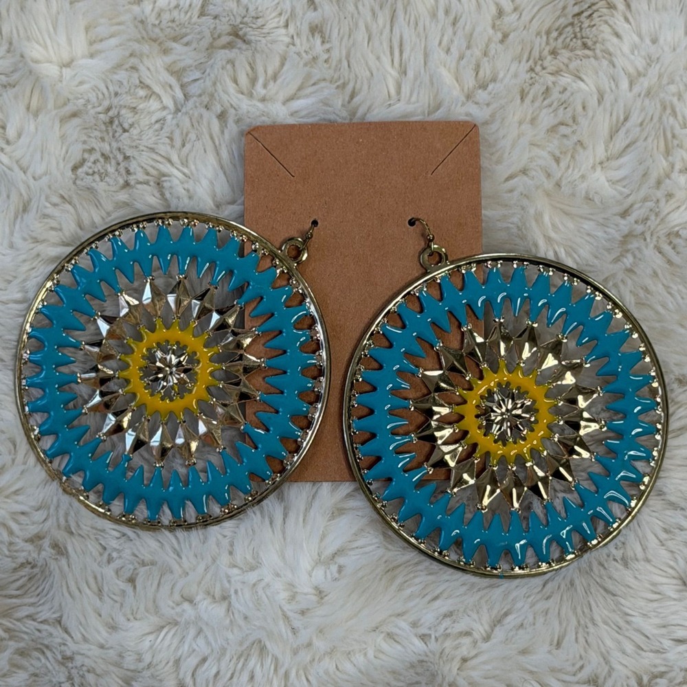 Turquoise Mandala Statement Earrings | Boho Sunburst Festival Dangles - Picture 2 of 2